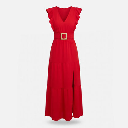 Robe longue femme en coton col V cintrée pour le printemps été