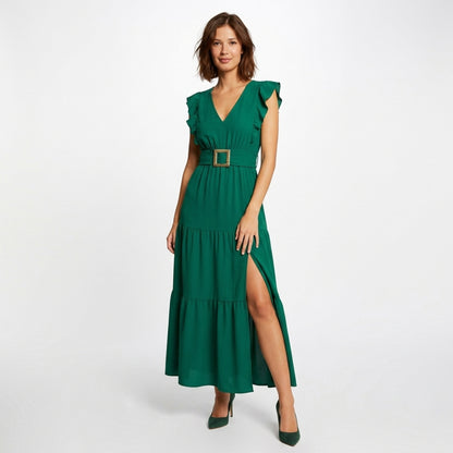 Robe longue femme en coton col V cintrée pour le printemps été