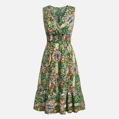 Robe trapèze femme en coton imprimé cachemire col V sans manches printemps