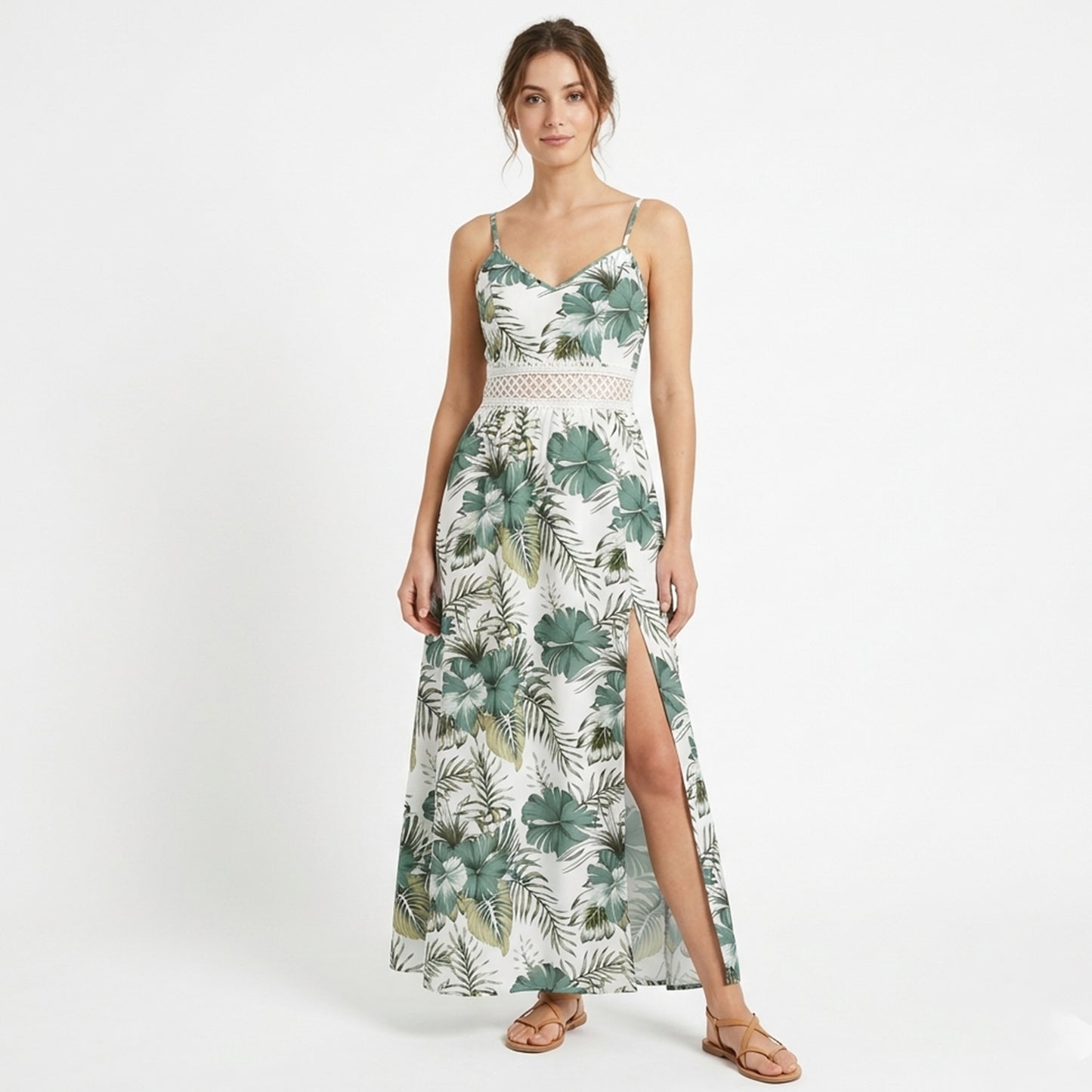 Robe longue femme coton été robe fleurie bretelles fines robe fendue élégante