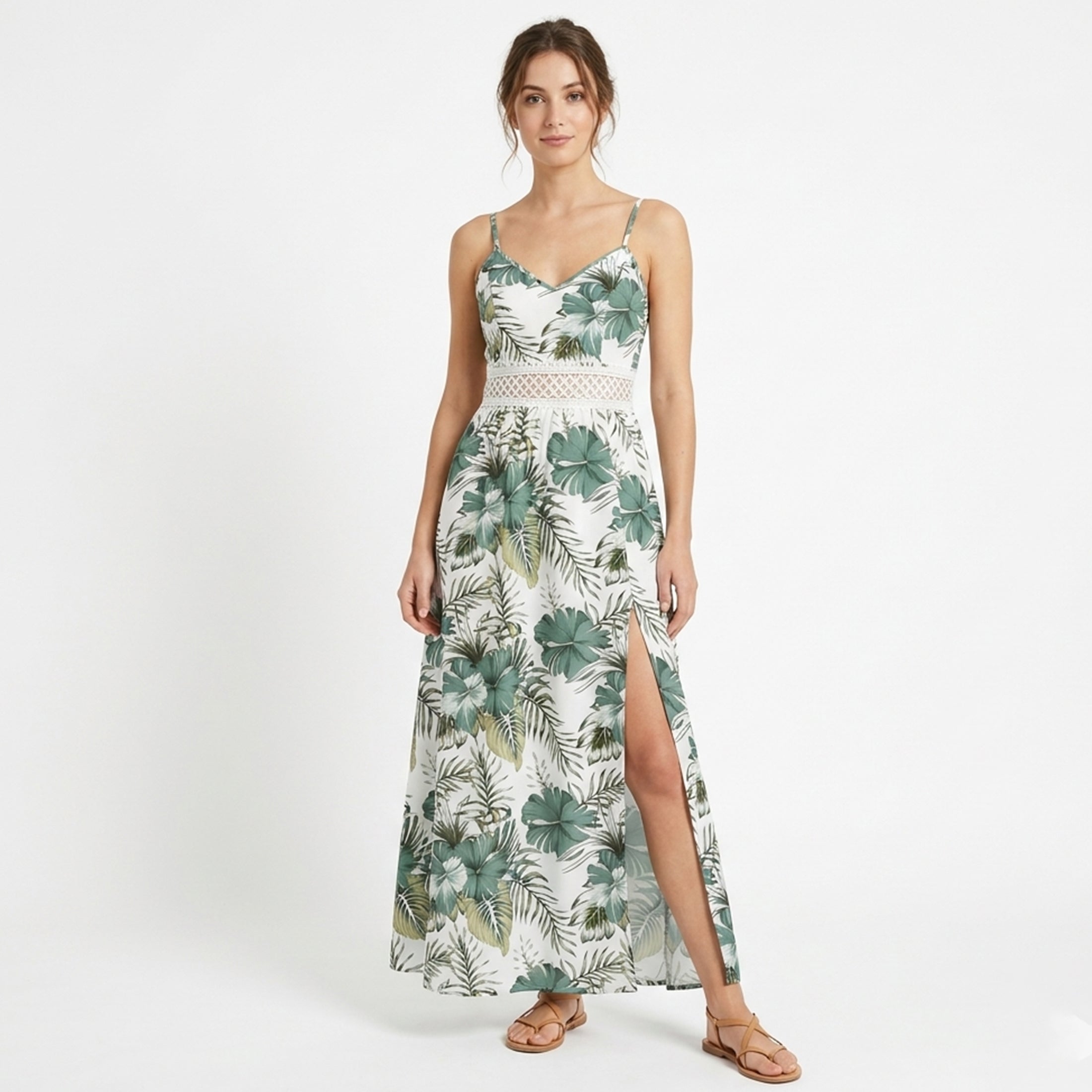 Robe longue femme coton été robe fleurie bretelles fines robe fendue élégante