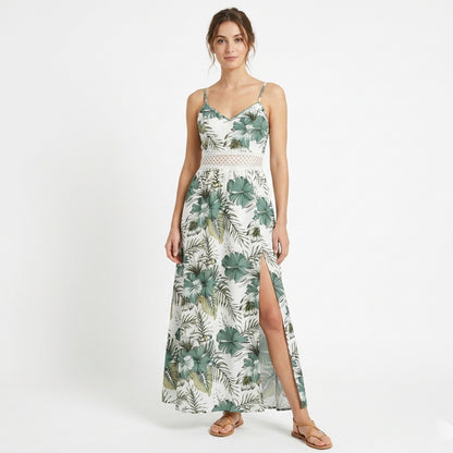 Robe longue femme coton été robe fleurie bretelles fines robe fendue élégante