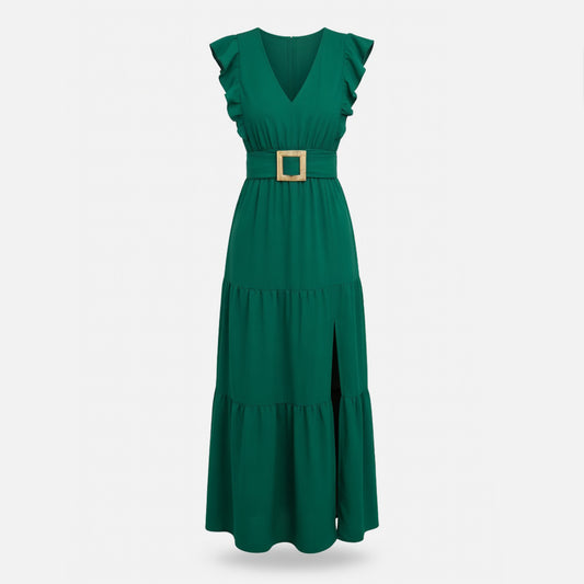 Robe longue femme en coton col V cintrée pour le printemps été