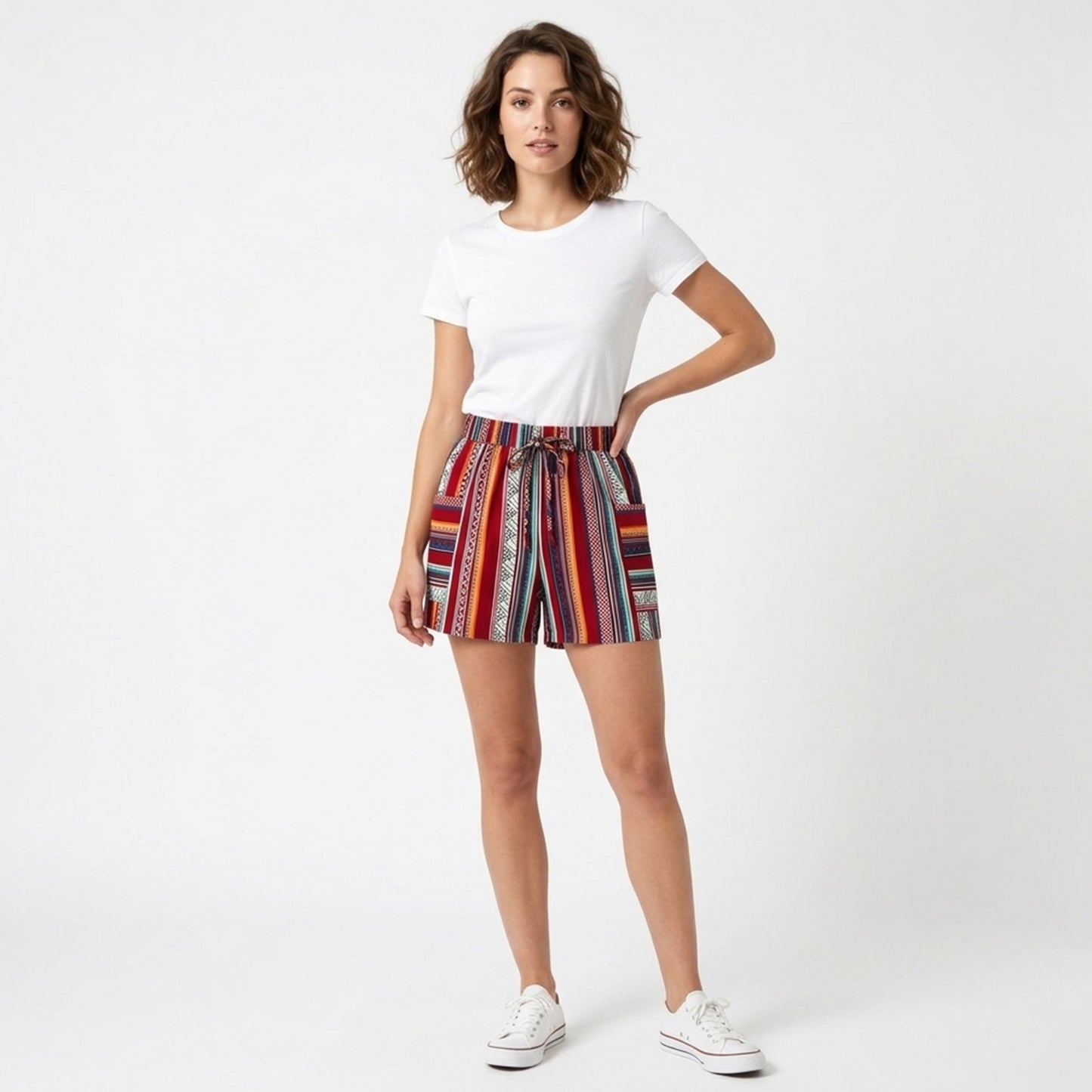 Short femme coton taille haute été short bohème rayé décontracté femme