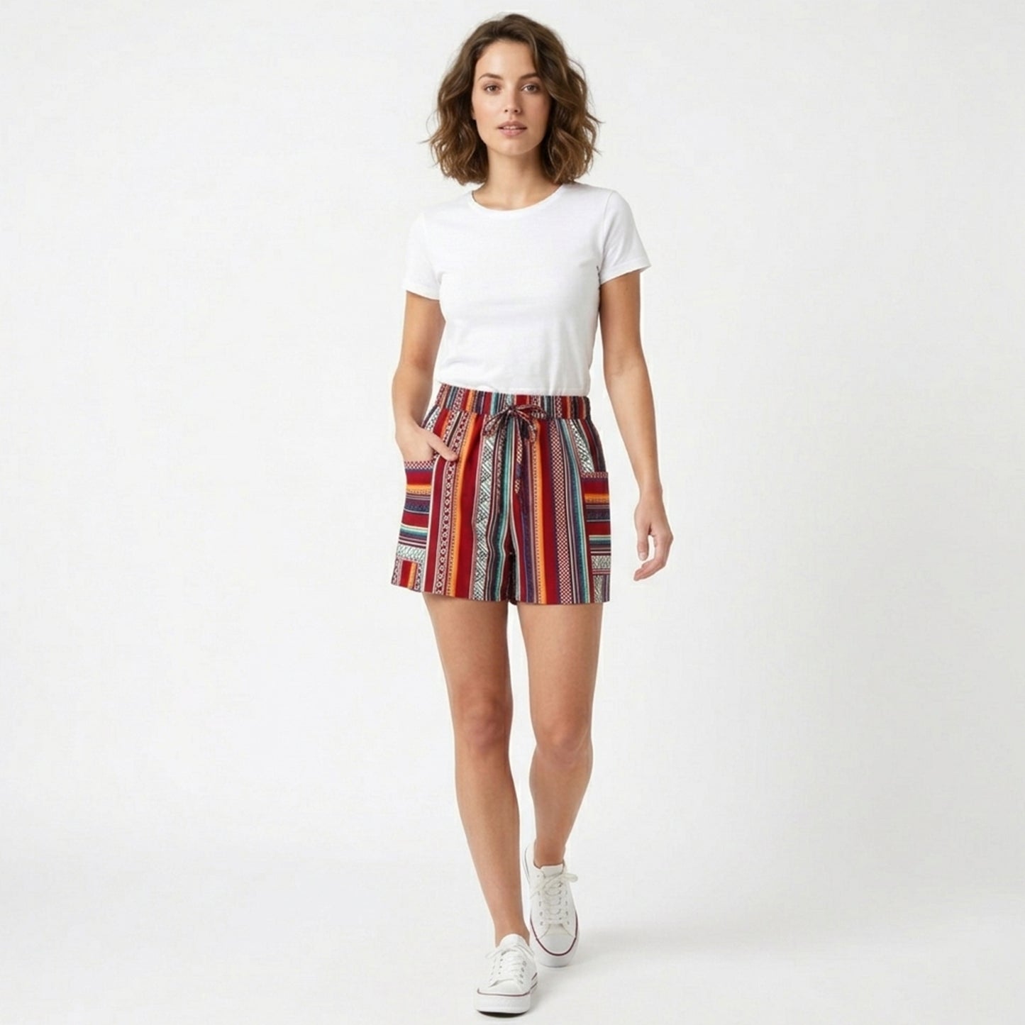 Short femme coton taille haute été short bohème rayé décontracté femme