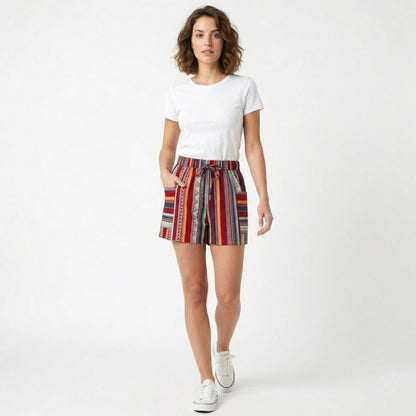 Short femme coton taille haute été short bohème rayé décontracté femme