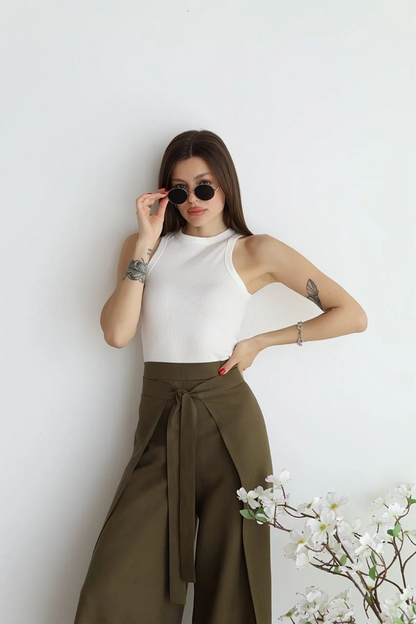 Pantalon Large À Nouer Et À Ceinture Pour Femme | Taille Haute