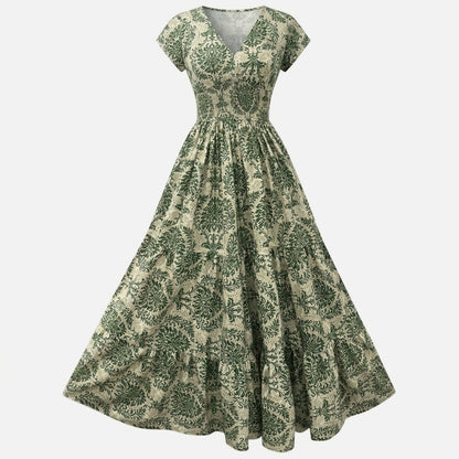 Robe longue femme coton été robe femme col V manches courtes