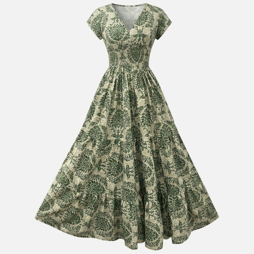 Robe longue femme coton été robe femme col V manches courtes