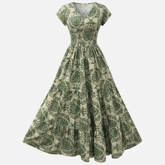 Robe longue femme coton été robe femme col V manches courtes