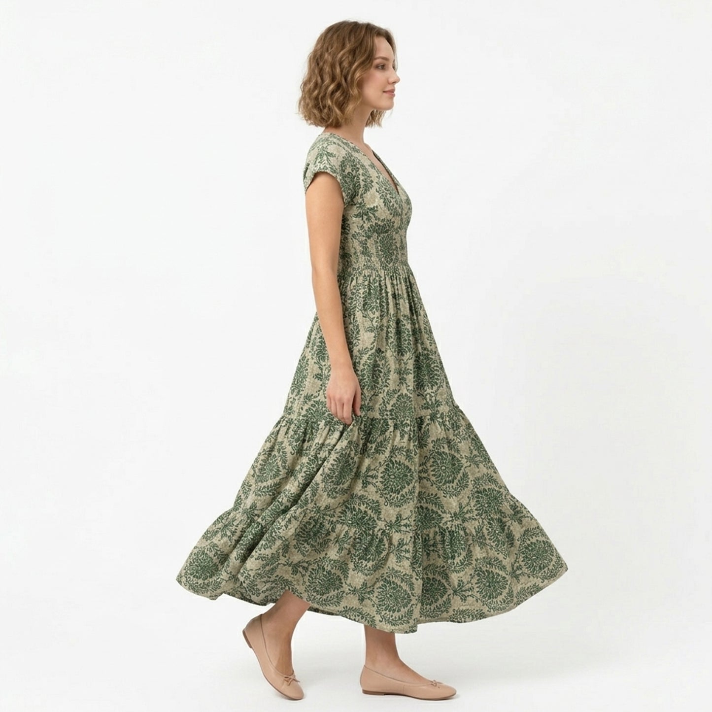 Robe longue femme coton été robe femme col V manches courtes