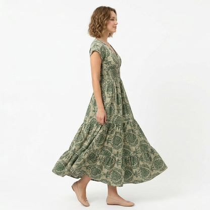 Robe longue femme coton été robe femme col V manches courtes