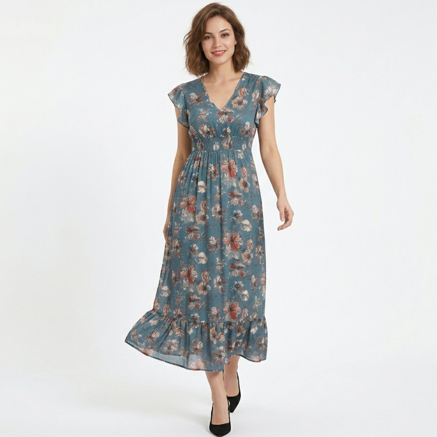 Robe portefeuille femme en coton imprimé floral col V manches courtes printemps