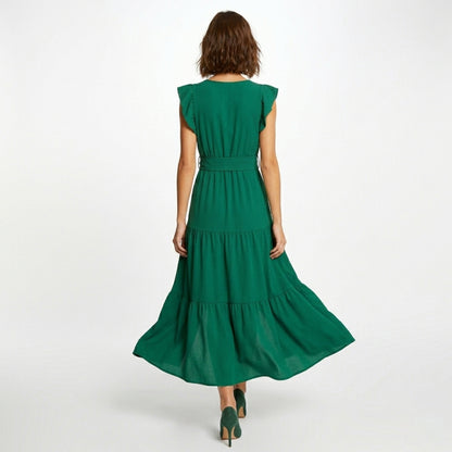 Robe longue femme en coton col V cintrée pour le printemps été
