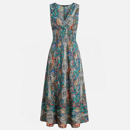 Robe trapèze femme en coton imprimé cachemire col V sans manches printemps