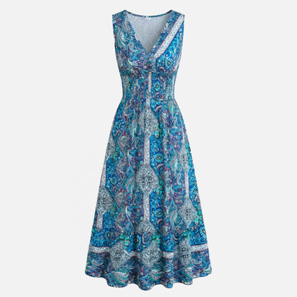Robe trapèze femme en coton imprimé cachemire col V sans manches printemps