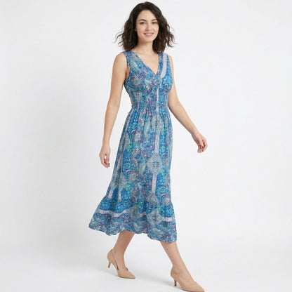 Robe trapèze femme en coton imprimé cachemire col V sans manches printemps