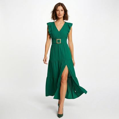 Robe longue femme en coton col V cintrée pour le printemps été