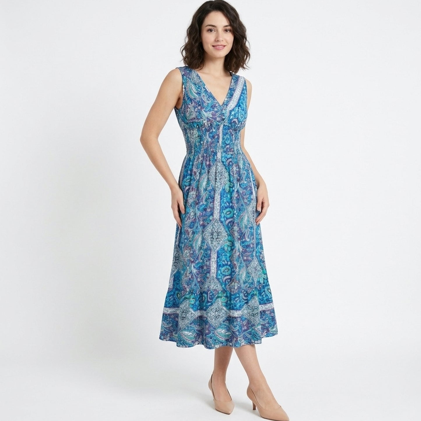 Robe trapèze femme en coton imprimé cachemire col V sans manches printemps