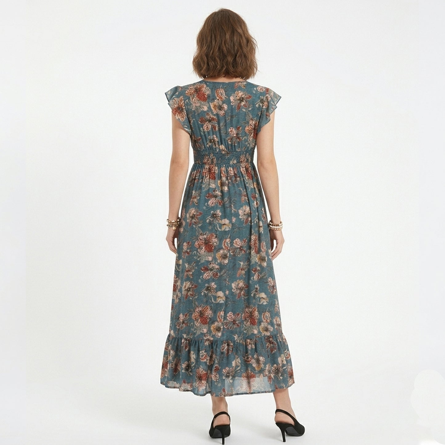 Robe portefeuille femme en coton imprimé floral col V manches courtes printemps