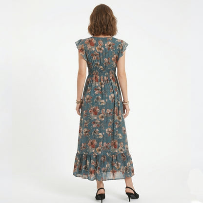 Robe portefeuille femme en coton imprimé floral col V manches courtes printemps