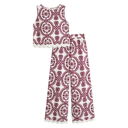 Ensemble femme coton 2 pièces été top sans manches pantalon fluide élégant