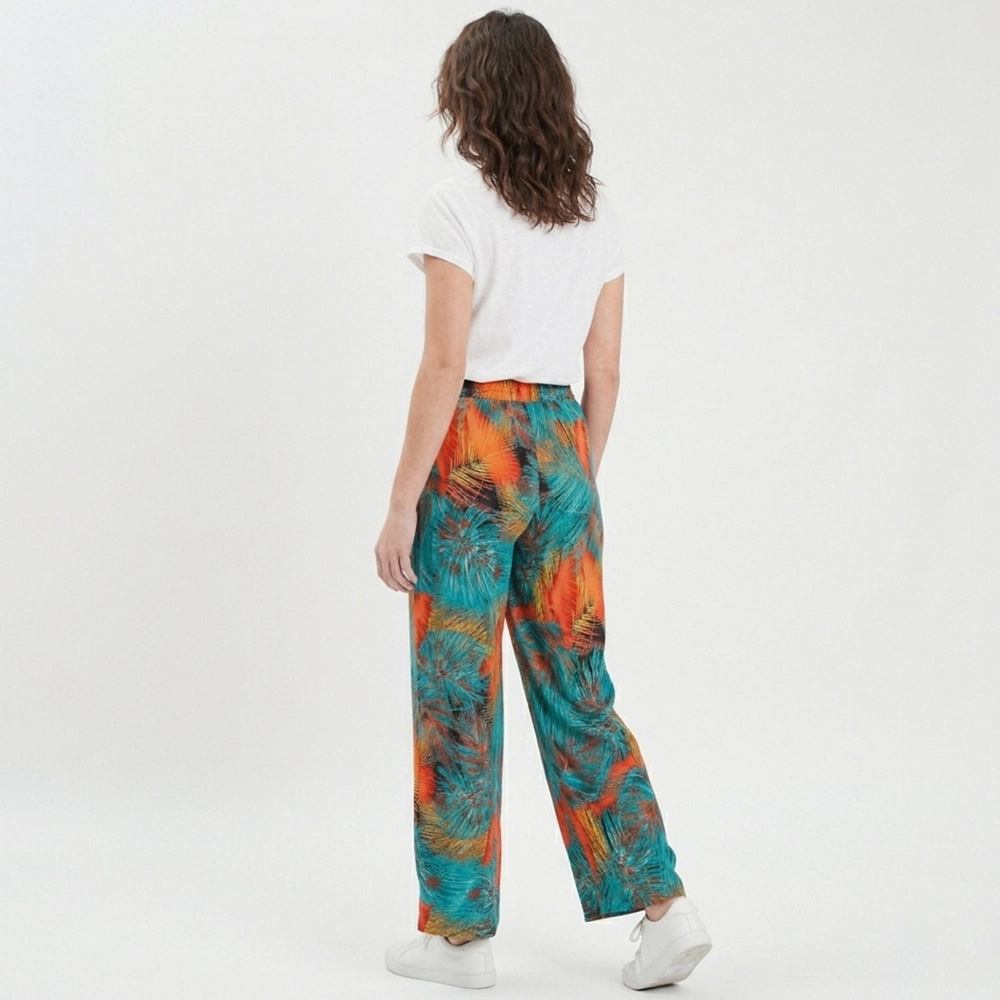 Pantalon femme large bohème mousseline fleurs été taille haute fluide