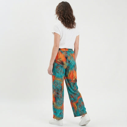 Pantalon femme large bohème mousseline fleurs été taille haute fluide
