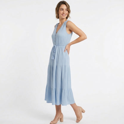 Robe d’été femme col en V coupe évasée en coton légère