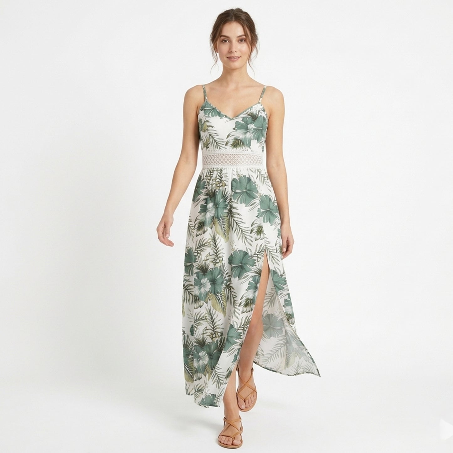 Robe longue femme coton été robe fleurie bretelles fines robe fendue élégante