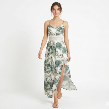 Robe longue femme coton été robe fleurie bretelles fines robe fendue élégante
