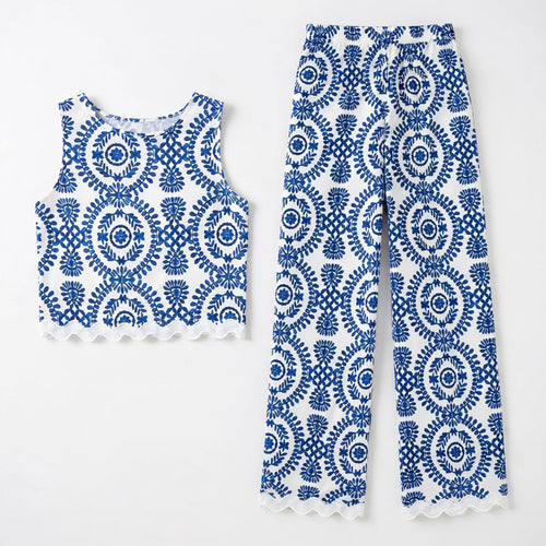 Ensemble femme coton 2 pièces été top sans manches pantalon fluide élégant