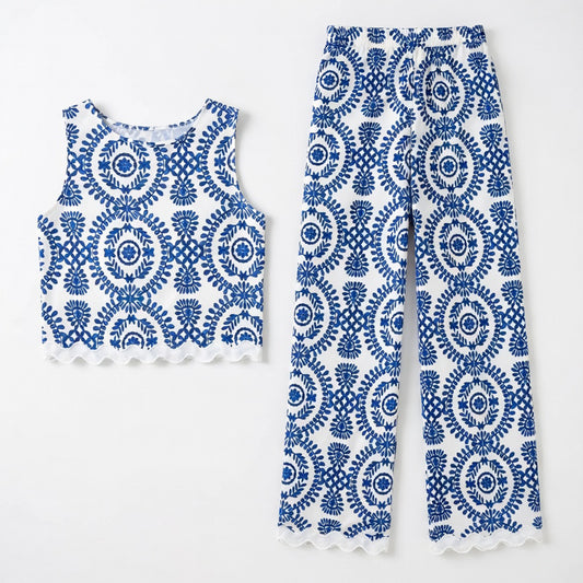 Ensemble femme coton 2 pièces été top sans manches pantalon fluide élégant