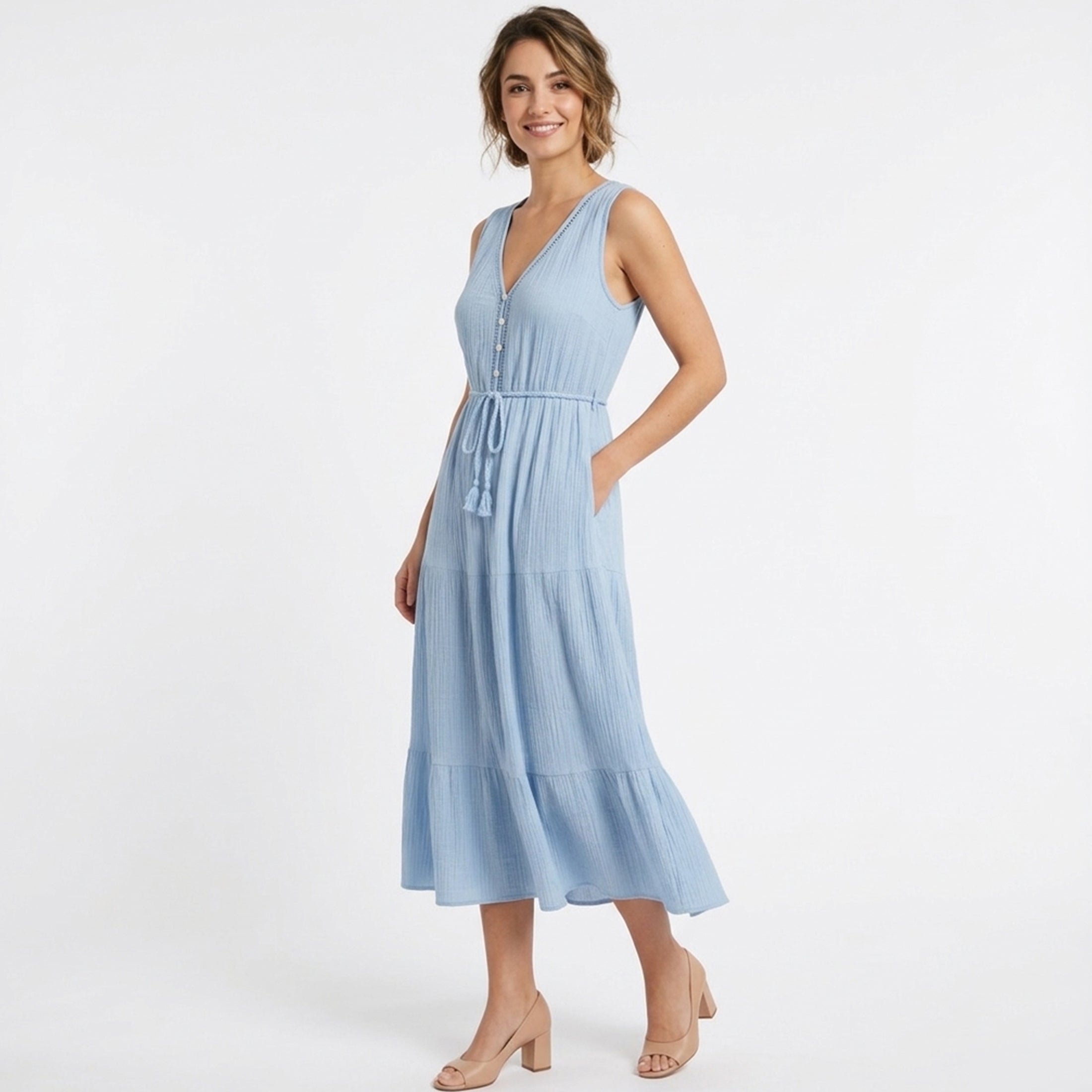 Robe d’été femme col en V coupe évasée en coton légère