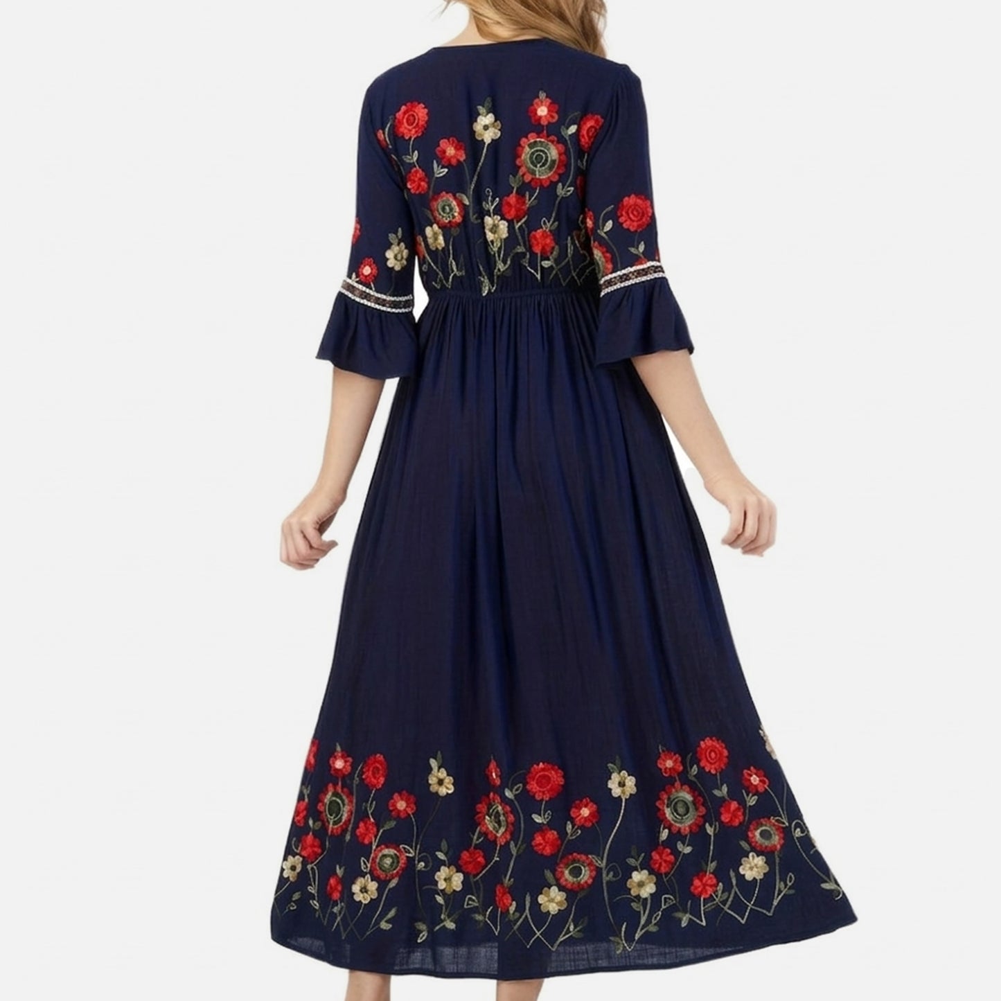 Robe longue femme coton été robe maxi col V brodée élégante