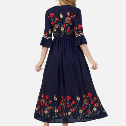 Robe longue femme coton été robe maxi col V brodée élégante