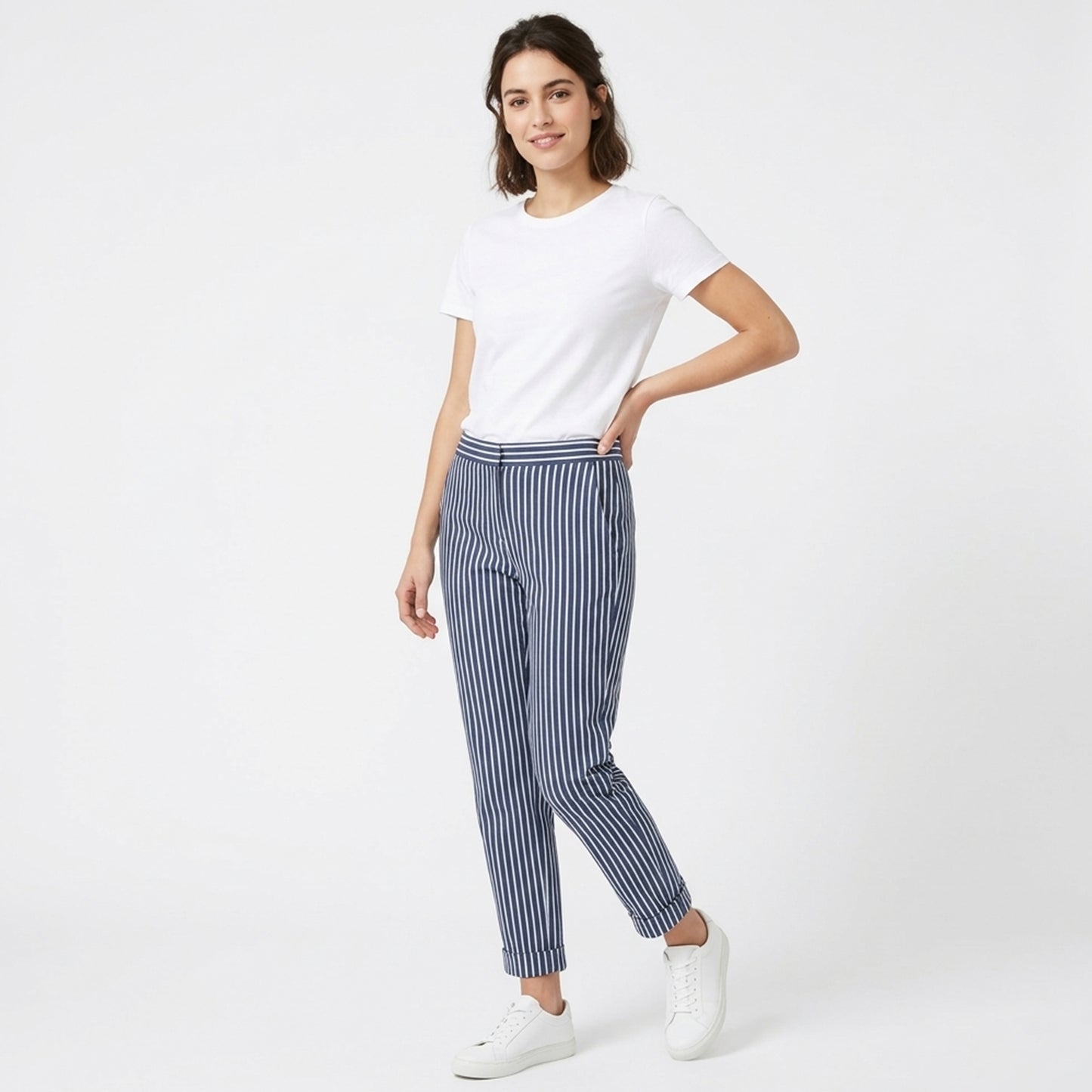 Pantalon large femme coton taille haute été léger rayé