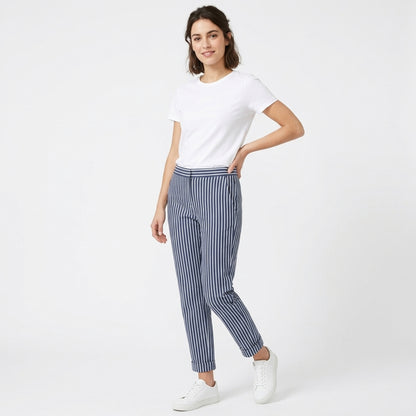 Pantalon large femme coton taille haute été léger rayé