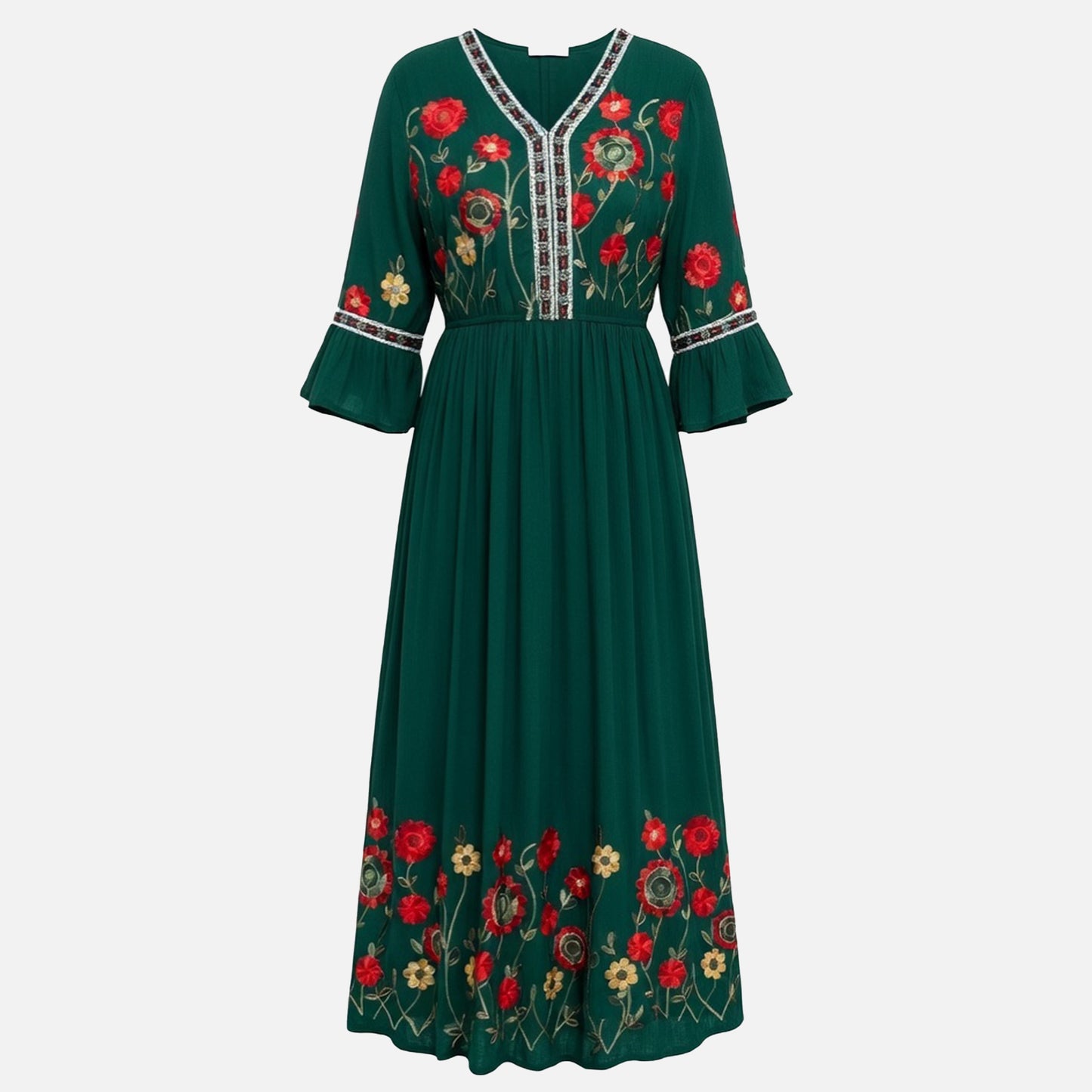 Robe longue femme coton été robe maxi col V brodée élégante