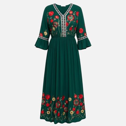 Robe longue femme coton été robe maxi col V brodée élégante