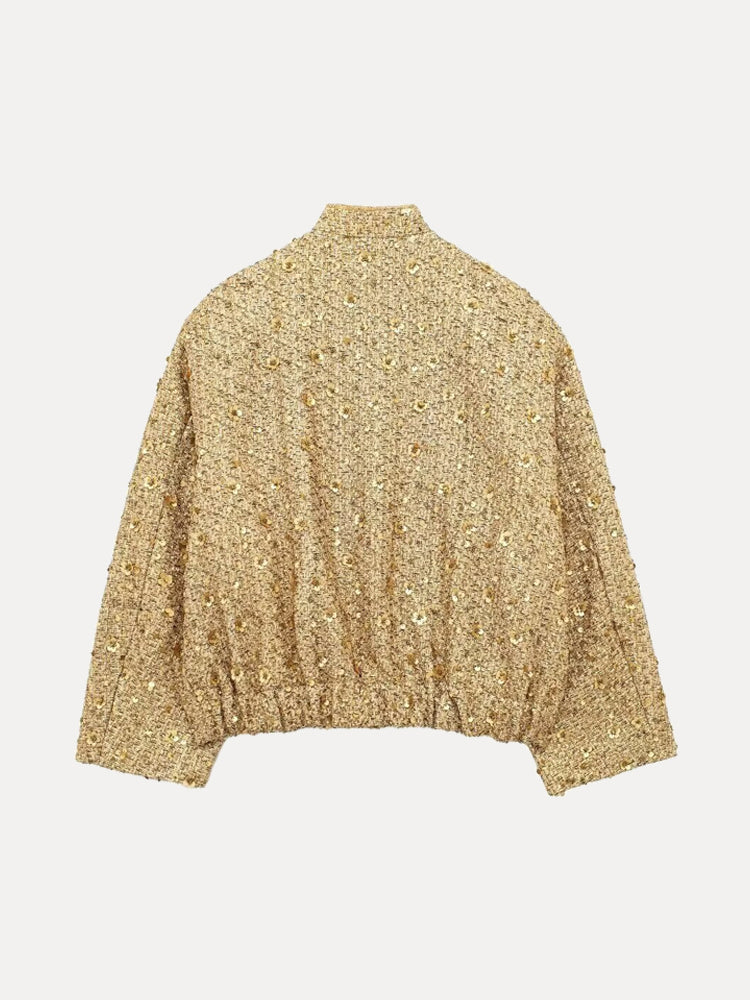 Blouson Bomber Décontracté Avec Paillettes Dorées | Court