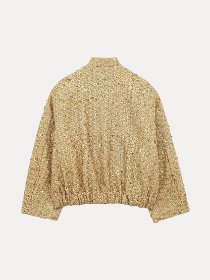Blouson Bomber Décontracté Avec Paillettes Dorées | Court