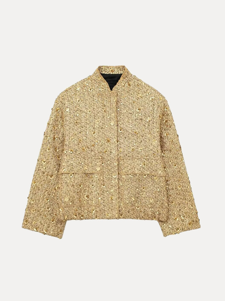 Blouson Bomber Décontracté Avec Paillettes Dorées | Court