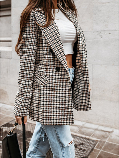 Blazer Décontracté À Carreaux Avec Poches Plaquées Pour Femmes | Manches Longues