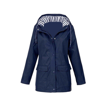 Veste De Pluie Boutonnée Pour Femme | Capuche Rayée