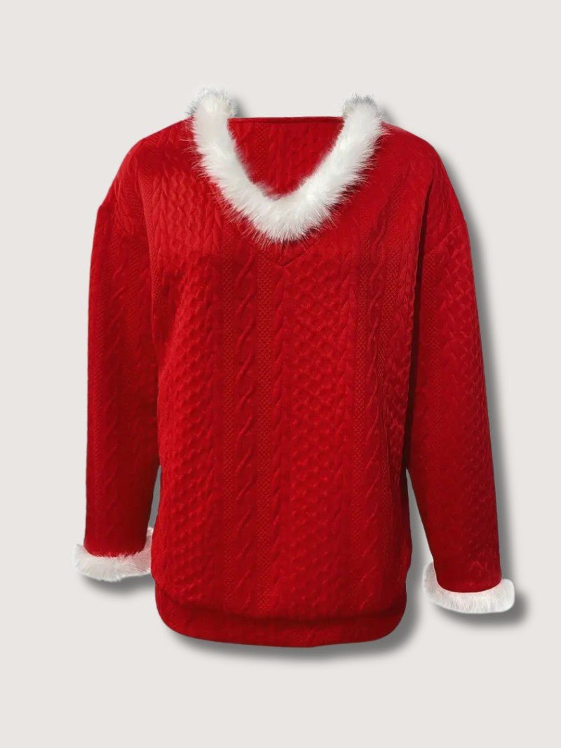 Pull de Noël Femme Chic – Col en V et Bordure en Fausse Fourrure 2