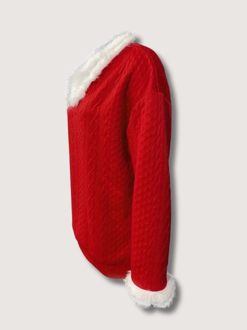 Pull de Noël Femme Chic – Col en V et Bordure en Fausse Fourrure 3