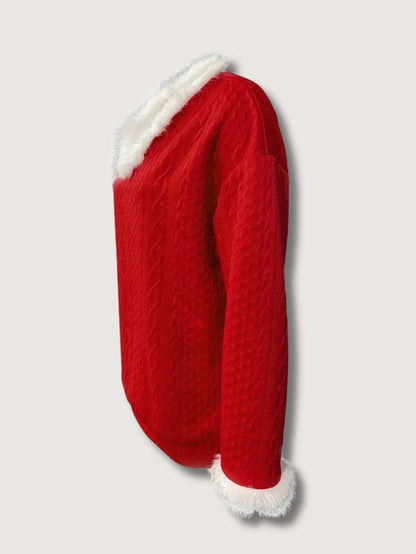 Pull de Noël Femme Chic – Col en V et Bordure en Fausse Fourrure 3