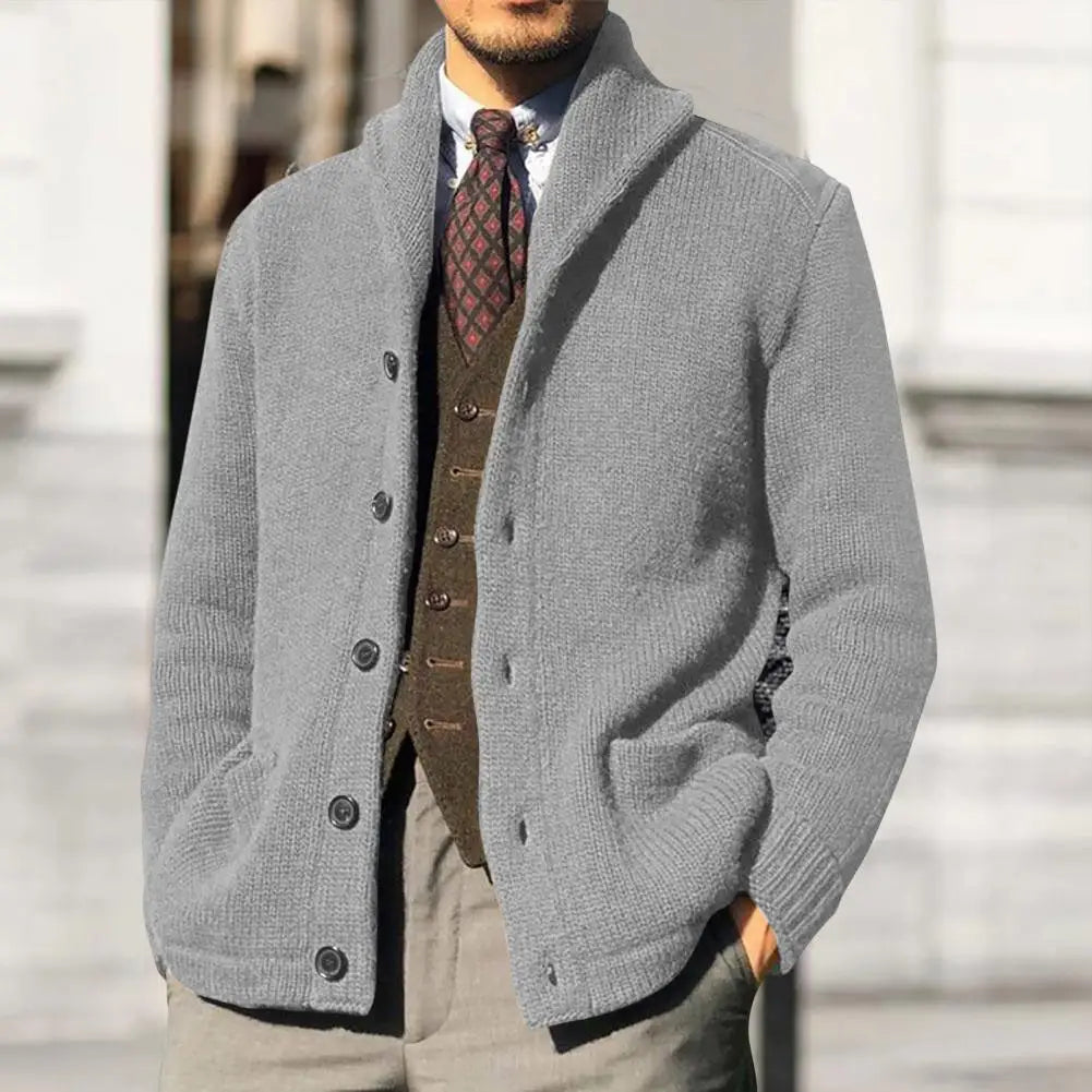 Cardigan Boutonné D'hiver Uni Pour Homme Avec Poche | Manches Longues