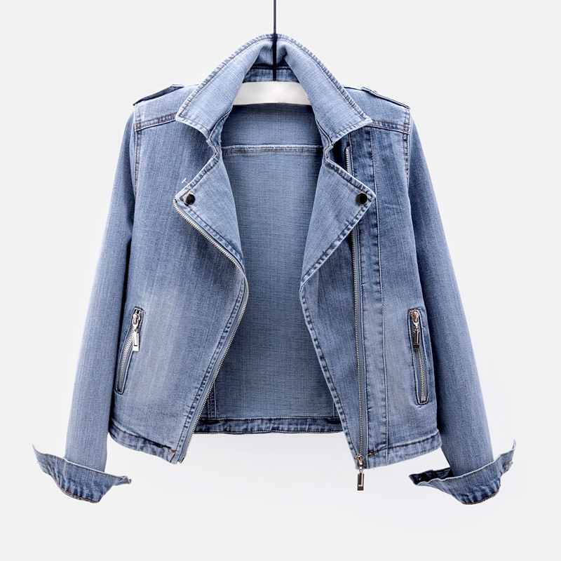 Veste Moto En Denim Tendance Pour Femmes | Col Revers